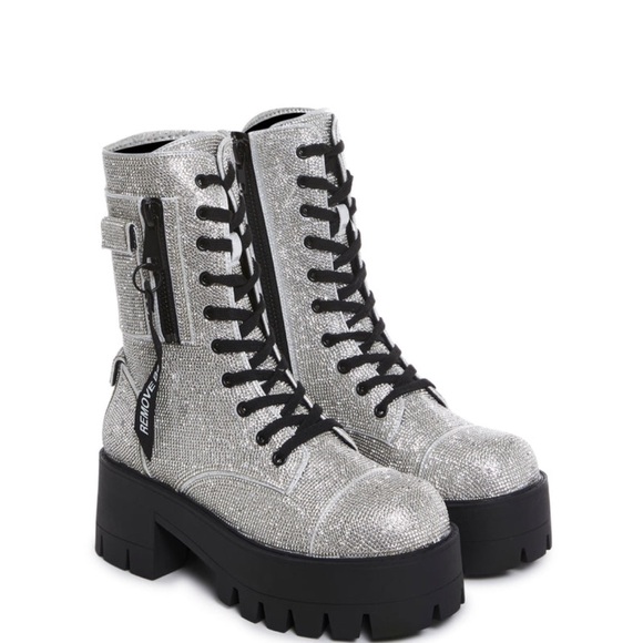 Demonia Shoes - Demonia Silver Glitter Combat Boots